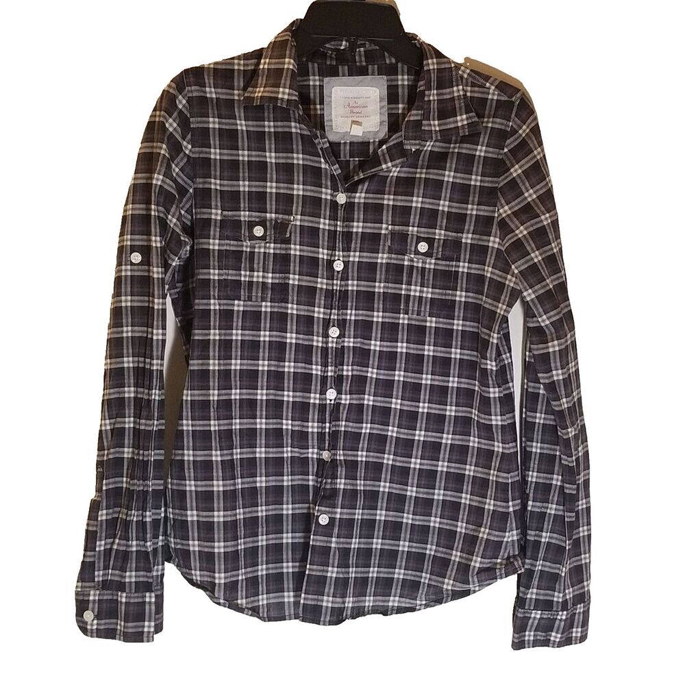 American Eagle Women’s Plaid Button Down Shirt Medium Black Gray Cotton Top Ligh